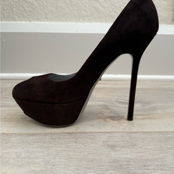 $845 SERGIO ROSSI Dark Chocolate Brown Suede Peep Toe Platform Heels Pumps 39.5 - Picture 3 of 14